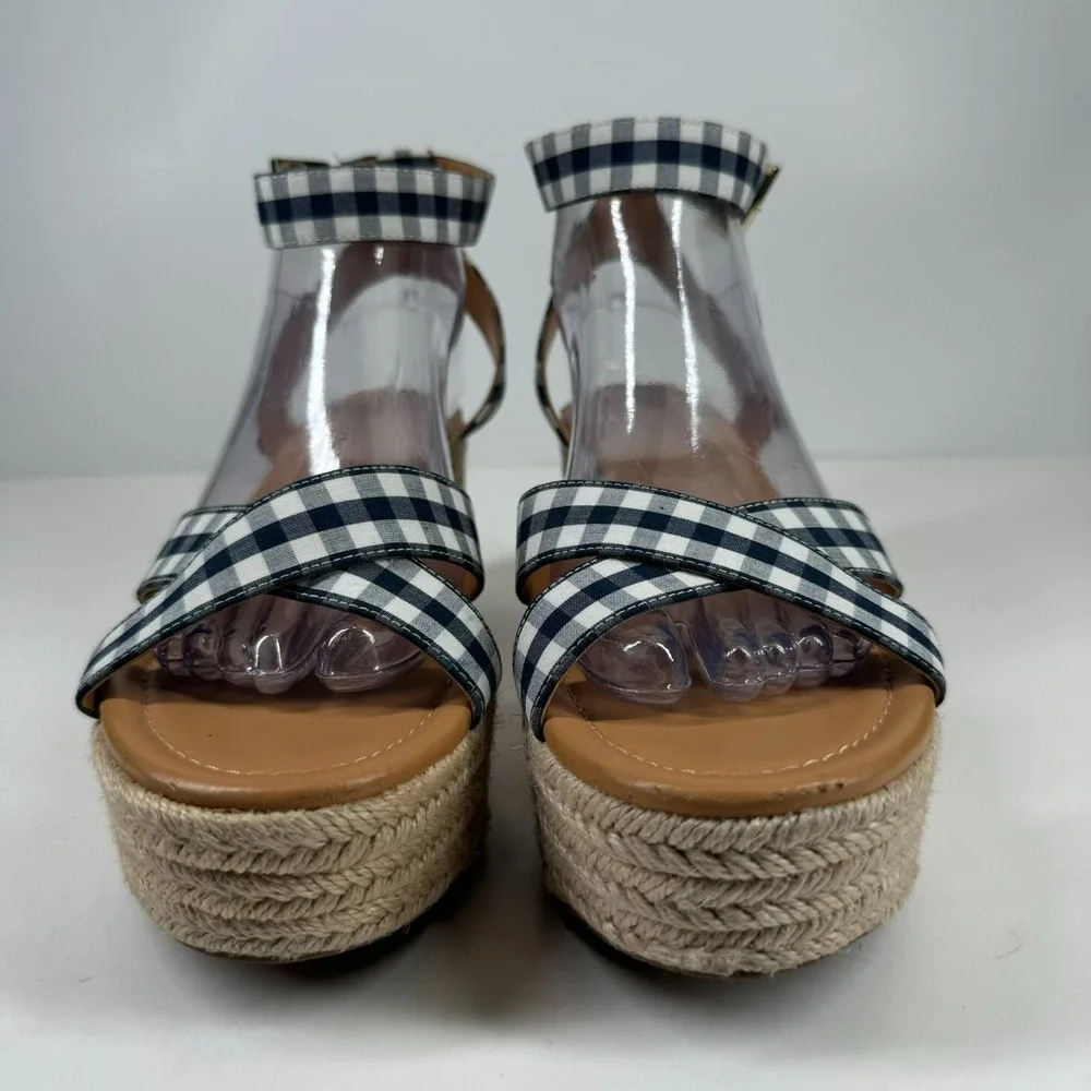 J.Crew Women's US 8.5 Navy Blue Gingham Flatform Espadrille Wedge Sandals L4669